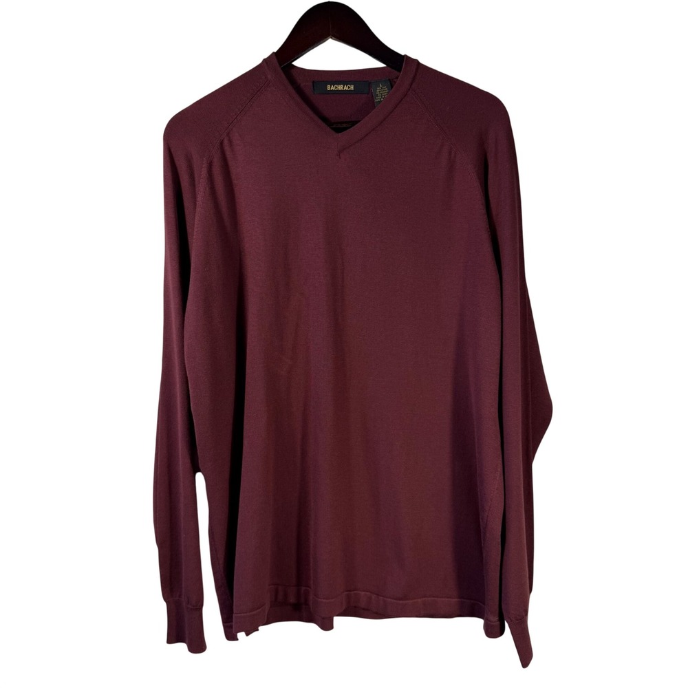 Bachrach Burgundy Merino Wool V-Neck Long Sleeves Lightweight Sweater‎ Men's L